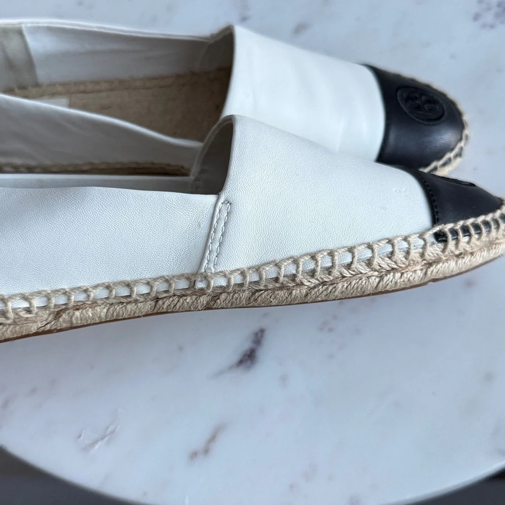 Tory Burch White Leather Espadrilles with Black Toe Cap